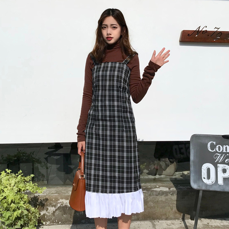 連衣裙秋裝女2018新款港風復古桔梗裙顯瘦中長裙子拼接格子吊帶裙