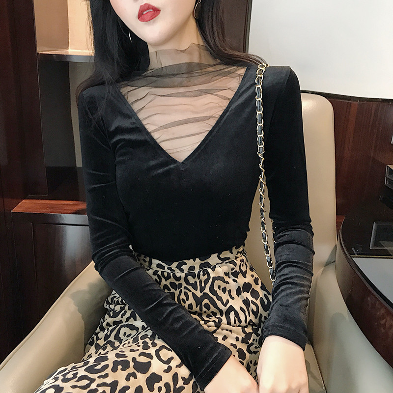 港味冬裝上衣女慵懶長袖t袖女韓版氣質V領網紗拼接修身絲絨Tee潮