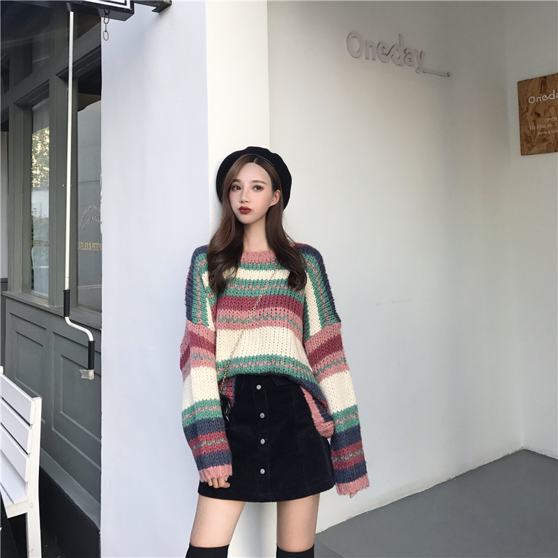 早秋復古拼色彩條懶惰風寬松毛衣+顯瘦高腰燈芯絨A字裙時尚兩件套