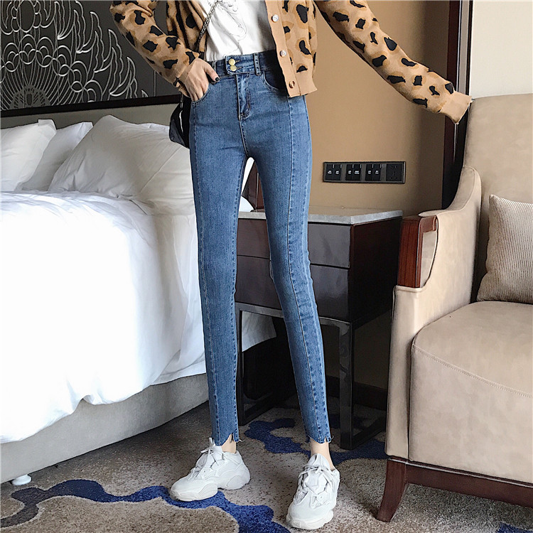港味復古chic褲子彈力高腰兩粒扣拼接顯瘦牛仔褲毛邊小腳鉛筆褲女