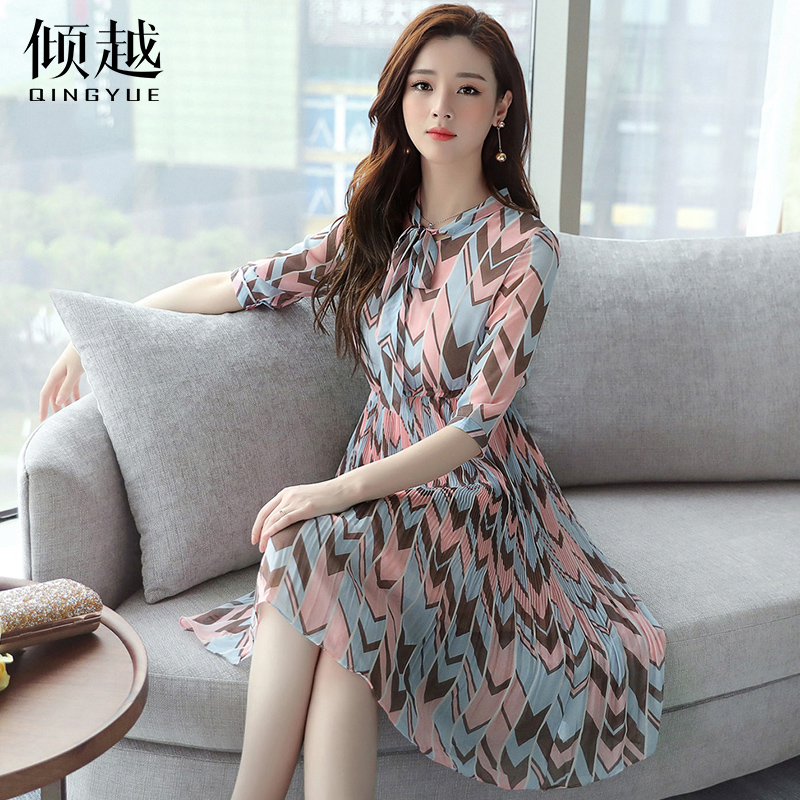 傾越夏季連衣裙2017夏裝新款韓版顯瘦氣質蝴蝶結中長款雪紡裙子女