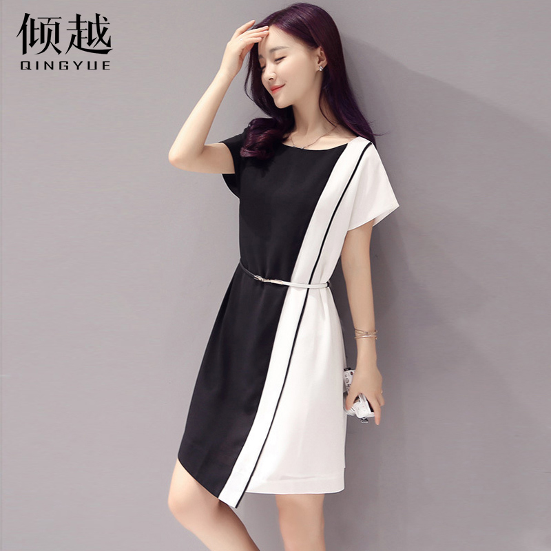 傾越2017夏季新款歐版大碼女裝修身雪紡撞色拼接短袖中長款連衣裙