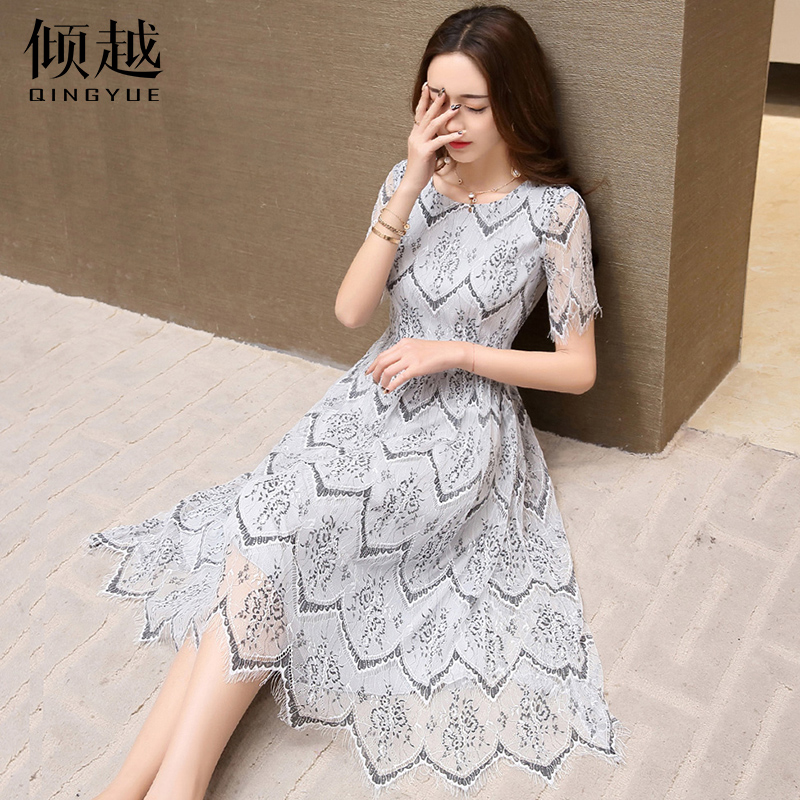 傾越2017春裝新款雪紡連衣裙蕾絲鉤花鏤空a字裙五分袖條紋中長裙
