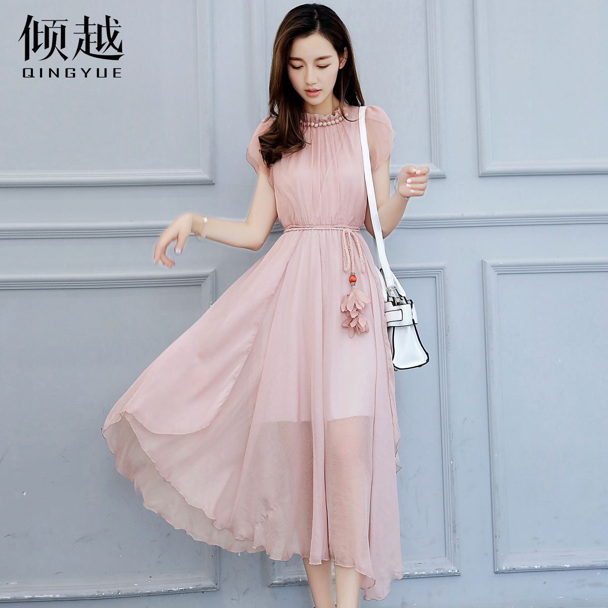 2017夏韓版花邊立領花瓣袖連衣裙不規則雪紡大擺裙收腰A字中長裙