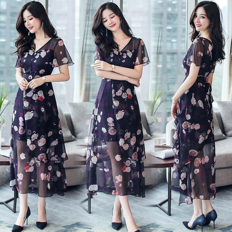 印花雪紡連衣裙女夏2017新款韓版透視顯瘦短袖氣質V領大擺長裙子