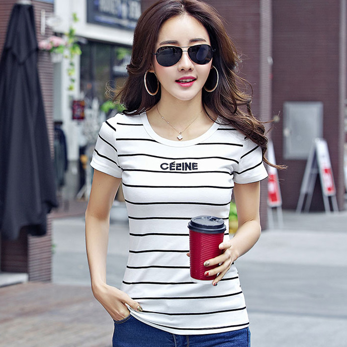 夏季女裝2017新款春短袖t恤女寬松白色條紋大碼上衣韓版純色體恤