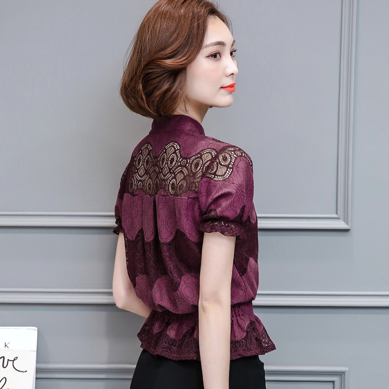 春裝2017新款夏季女裝大碼雪紡衫短袖上衣小衫寬松蕾絲短款學