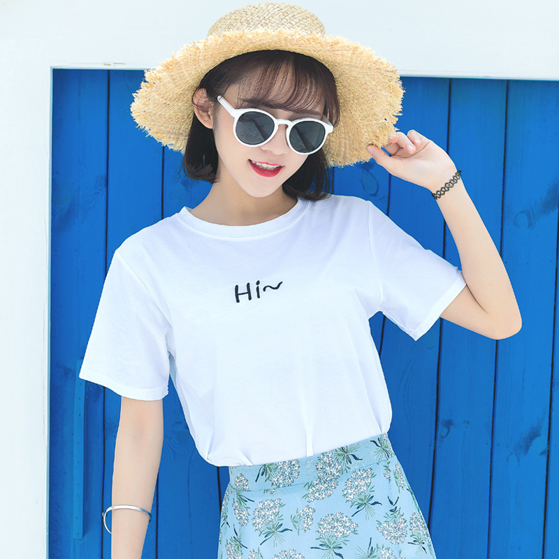 夏裝新款韓版女裝學院風寬松字母刺繡短袖T恤簡約白色上衣潮