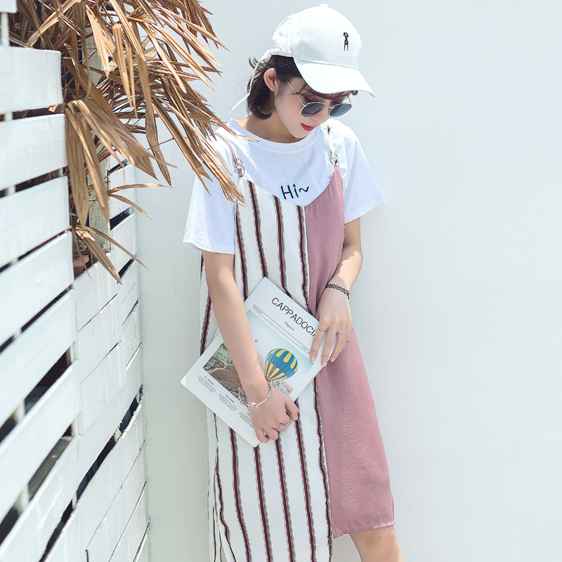 夏裝新款女裝韓版甜美不規則寬松連衣裙外搭拼接條紋學生裙子