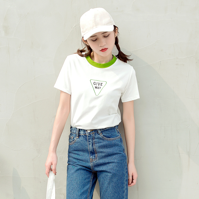 春夏裝新款女裝韓版撞色短袖T恤寬松圓領半袖學生百搭上衣潮