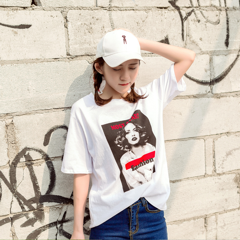 春夏新款歐美印花T恤韓版短袖寬松圓領T恤百搭女打底衫上衣