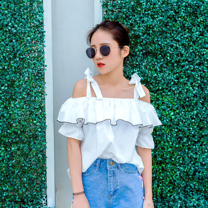 夏裝新款女裝韓版露肩吊帶短袖襯衫寬松荷葉邊小清新襯衣上衣