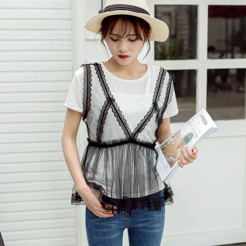 夏裝新款女裝韓版百搭兩件短袖t恤蕾絲吊帶打底衫圓領上衣潮