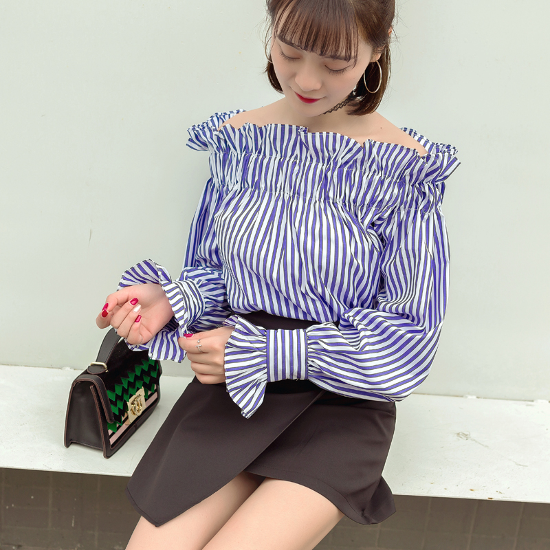一字領露肩襯衫女春夏裝韓版新款修身長袖小清新條紋襯衣上衣
