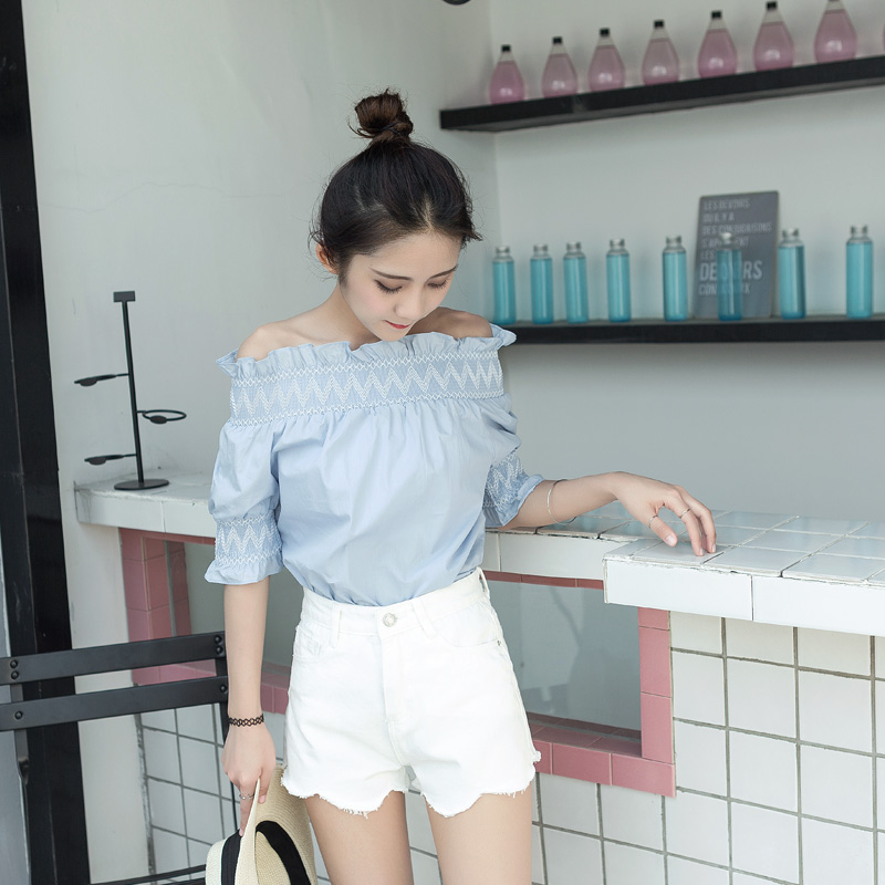 夏裝新款韓版女裝一字領露肩短款喇叭袖上衣學百搭打底衫上衣