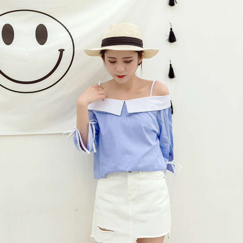 夏裝新款韓版女裝露肩吊帶襯衫女一字領襯衣寬松肩條紋上衣潮