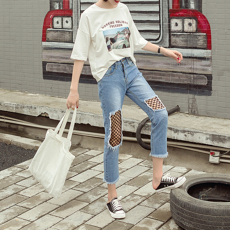 寬松破洞牛仔褲女春夏裝新款女裝韓版潮漁網哈倫褲顯瘦九分褲
