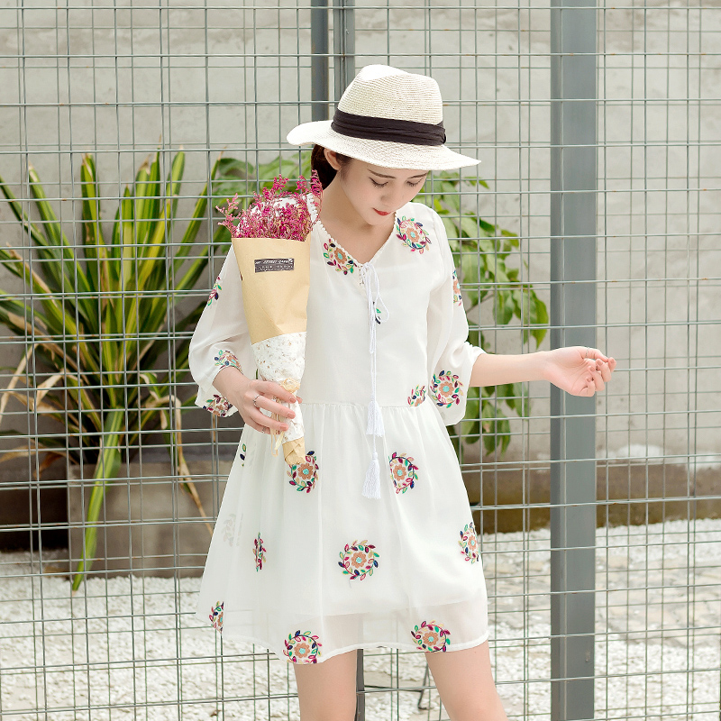 刺繡雪紡連衣裙女春夏裝新款韓版中長款寬松小清新打底裙子潮