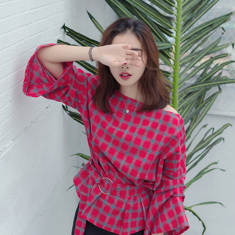 春裝新款韓范長袖格子襯衫女喇叭袖百搭寬松顯瘦襯衣上衣