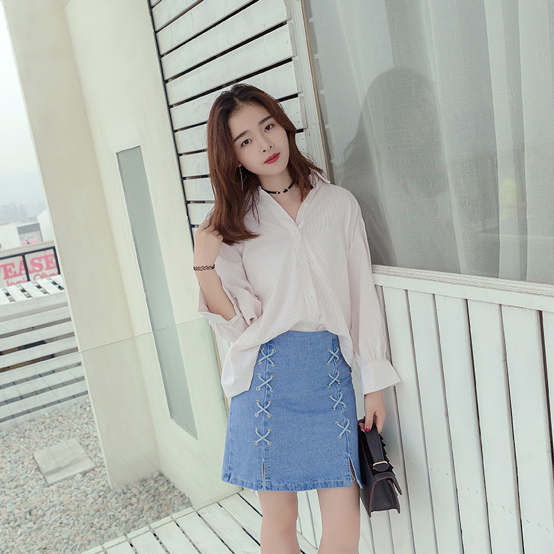韓版春夏裝新款學生V領襯衫女長袖寬松百搭襯衣學院風