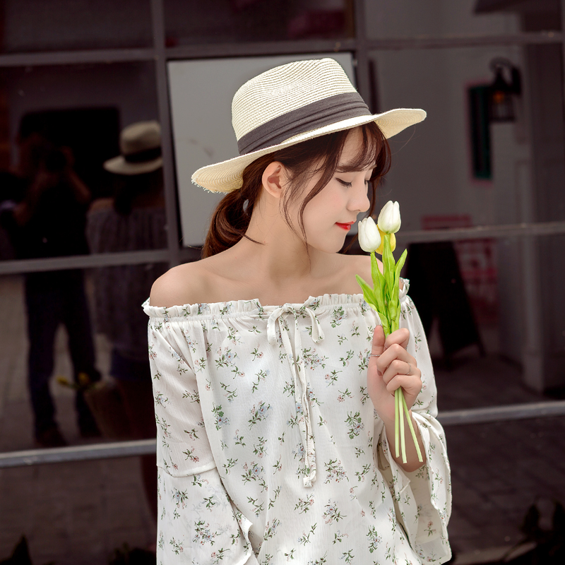 碎花雪紡衫長袖女春夏季新款韓版一字肩喇叭袖露肩雪紡上衣