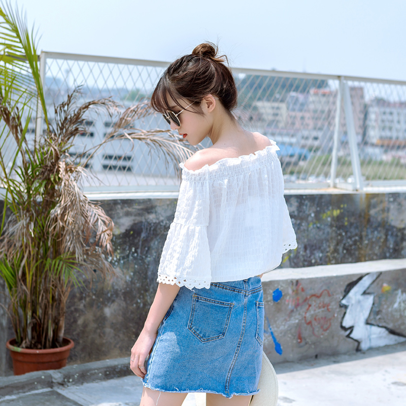 雪紡衫女短袖夏季新款韓范半袖白色襯衣一字領學生露肩上衣潮