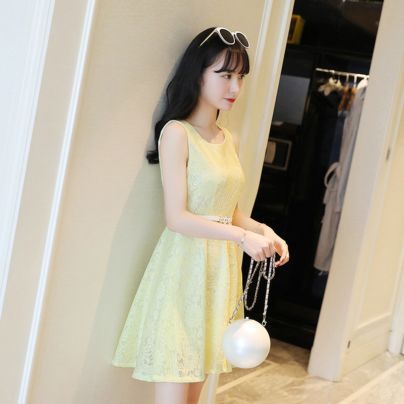 夏季女裝新款韓版小清新修身顯瘦蕾絲無袖時尚A字連衣裙中裙