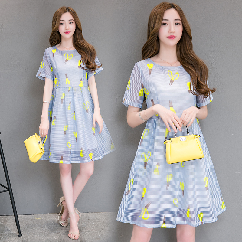 夏新款女裝修身甜美淑女中長款印花雪紡歐根紗短袖連衣裙女潮