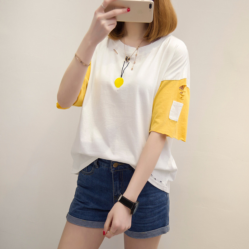 夏裝新款女裝寬松白色t恤女中長袖破洞韓版上衣女夏百搭體恤